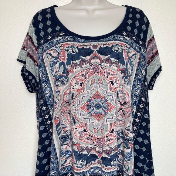 Lucky Brand Cotton Modal Short Sleeve Boho Navy Blue Medallion T Shirt Women 1X - Picture 3 of 14